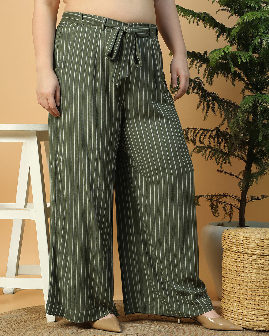 Shop Women's Green Striped Loose Comfort Fit Plus Size Flared Pants-Back