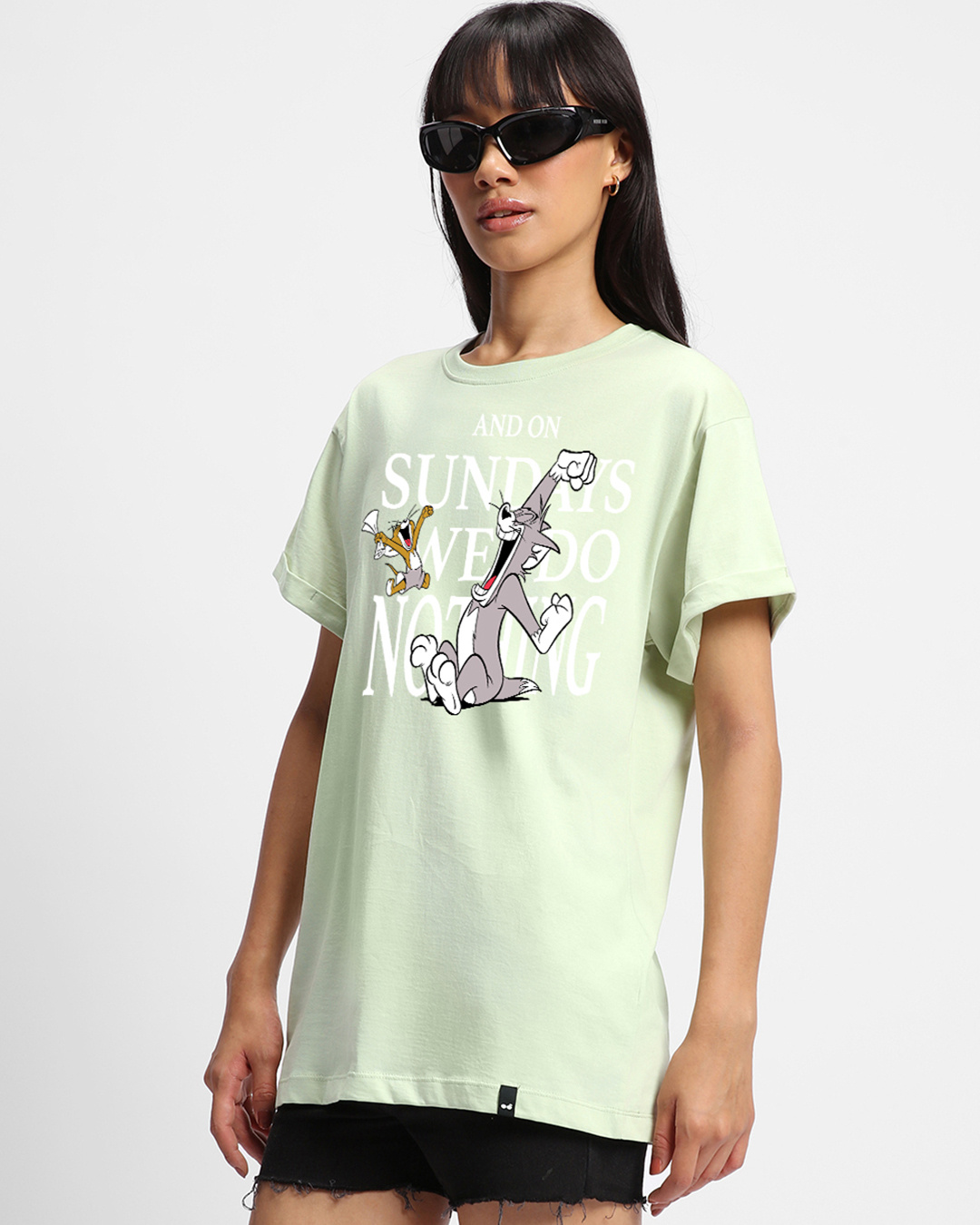Shop Women's Green Sundays We Do Nothing Graphic Printed Boyfriend T-shirt-Back