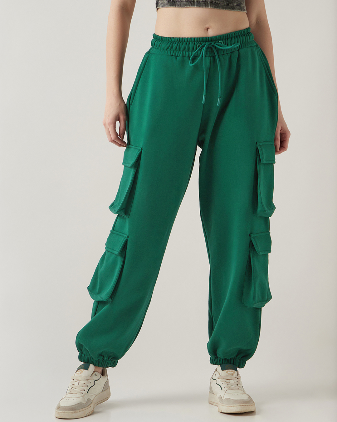 Shop Women's Green Super Loose Fit Brushed Cargo Joggers-Back