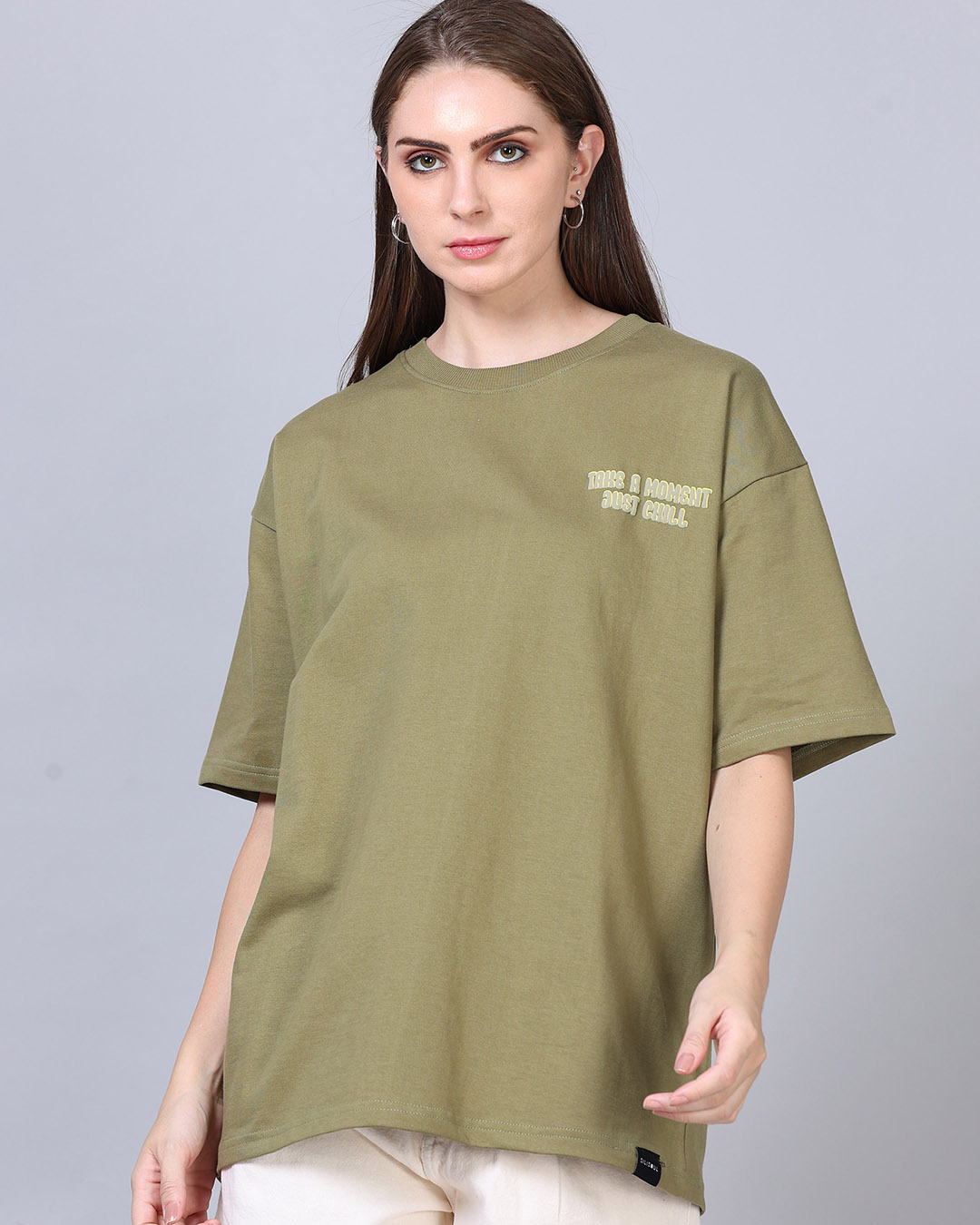 Shop Women's Green Take A Moment Just Chill Puff Printed Oversized T-Shirt-Back