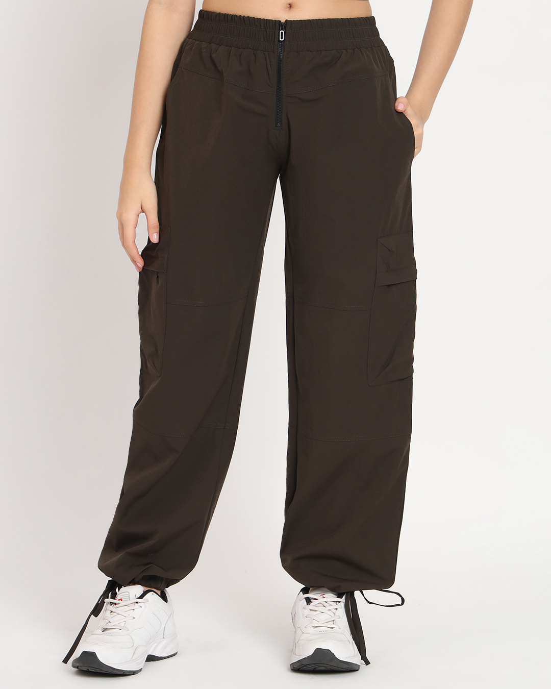Women Light Grey Flap Pocket Cargo Parachute Pants