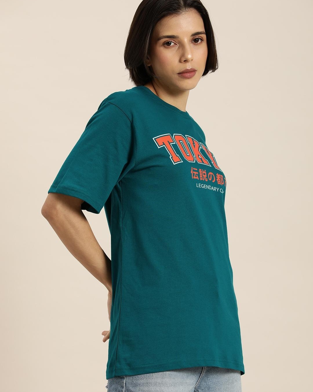 Shop Women's Blue Tokyo Typography Oversized T-shirt-Back