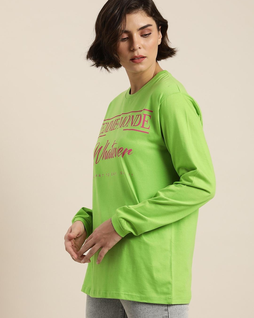 Shop Women's Green Whatever Typography Oversized T-shirt-Back