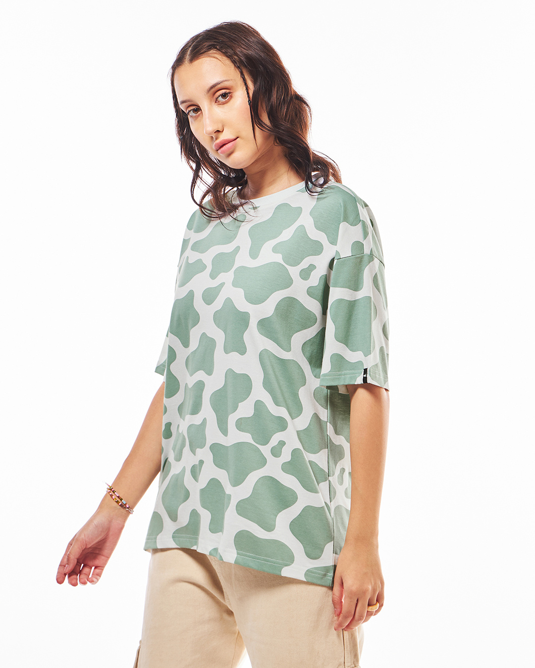 Shop Women's Green & White All Over Printed Oversized T-shirt-Back