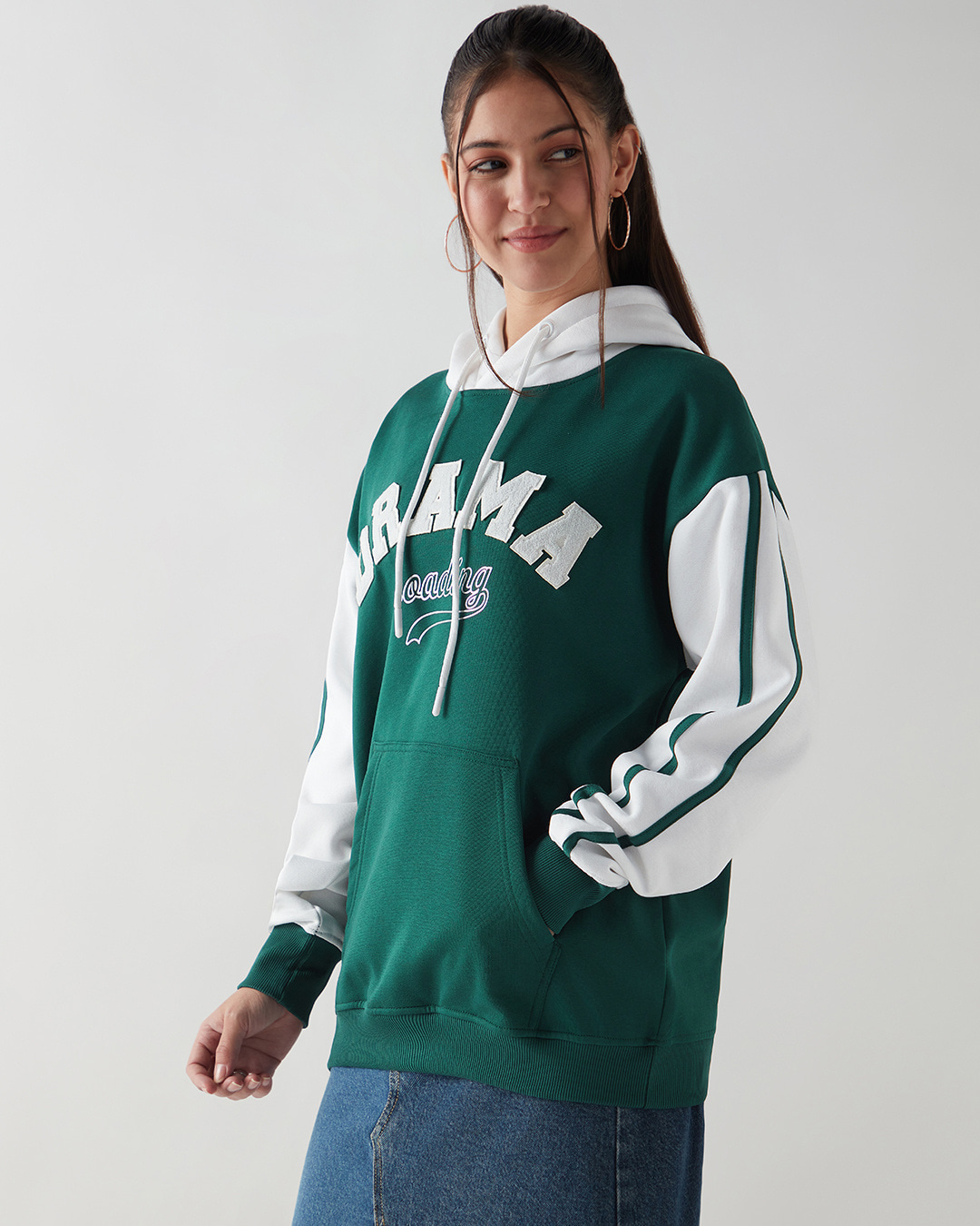 Shop Women's Green & White Graphic Printed Oversized Hoodies-Back