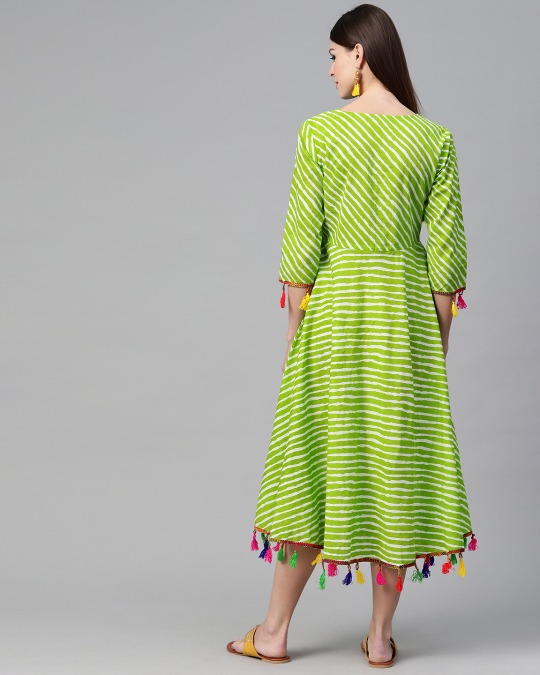 Shop Women's Green & White Leheriya Printed Flared Dress-Back