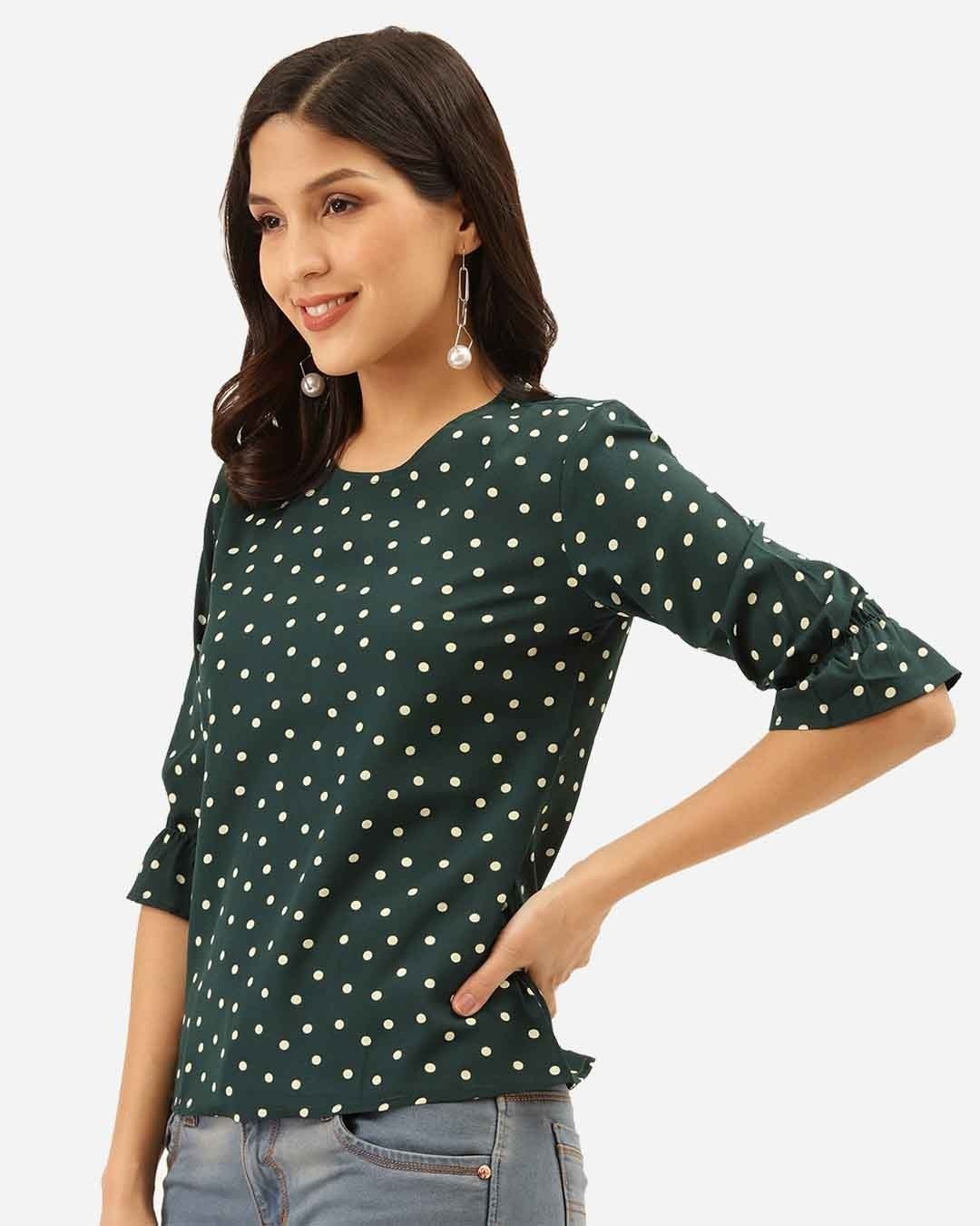 Shop Women's Green & White Polka Dot Print Regular Top-Back