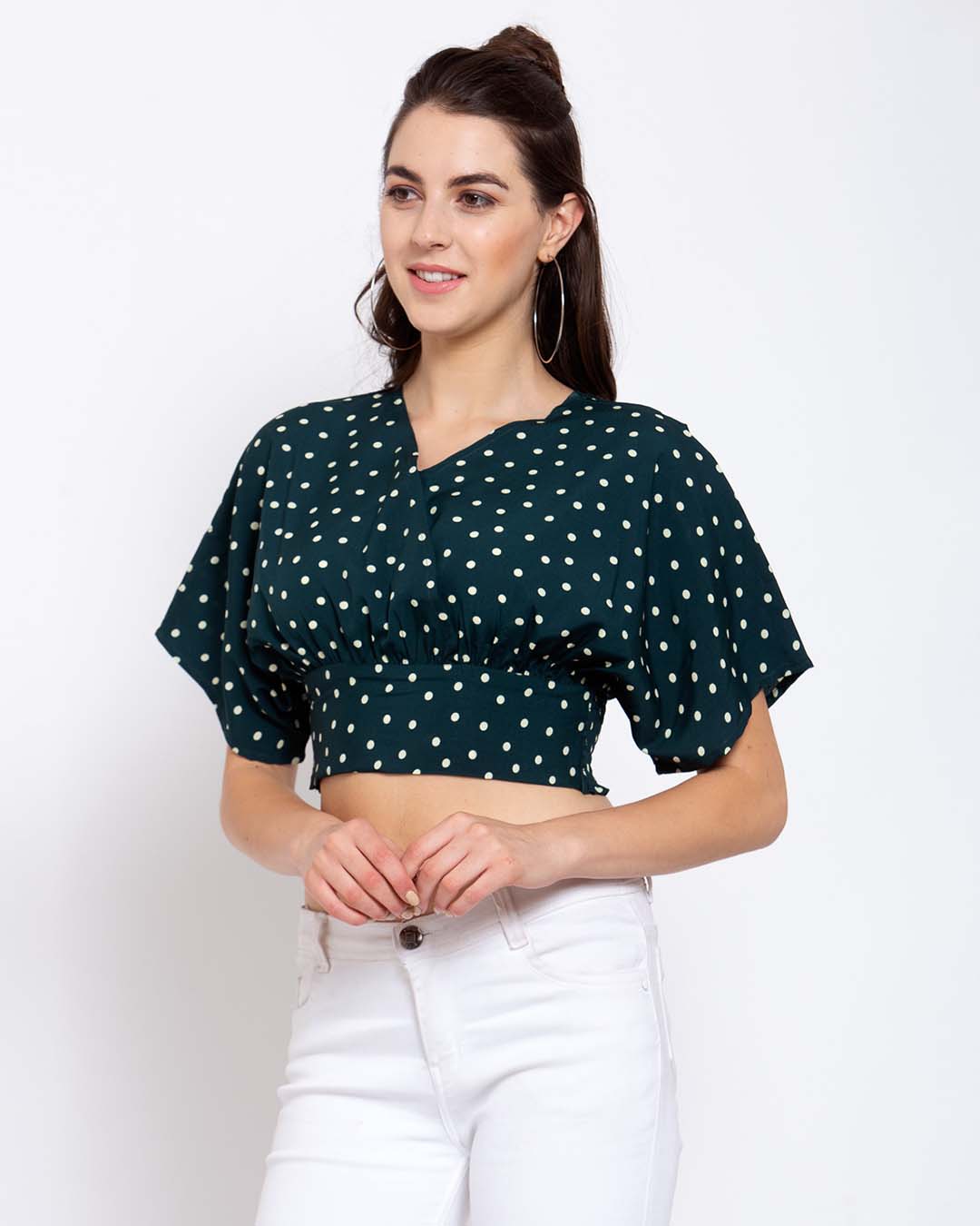 Shop Women's Green & White Polka Dot Printed Crepe Regular Crop Top-Back