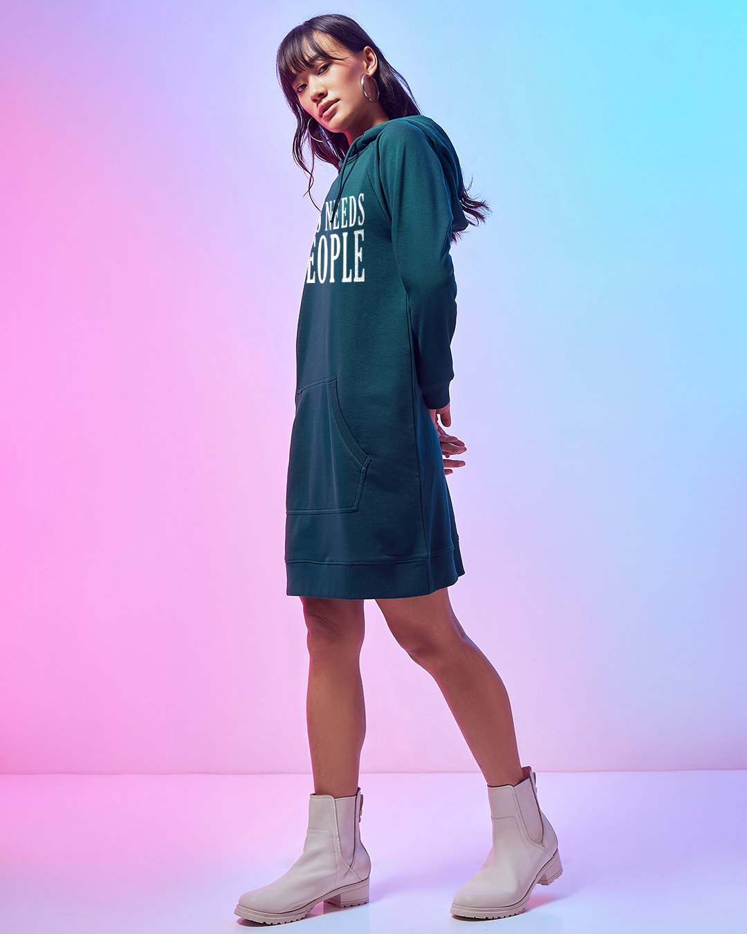 Shop Women's Green Who Needs People Graphic Printed Hoodie Dress-Back