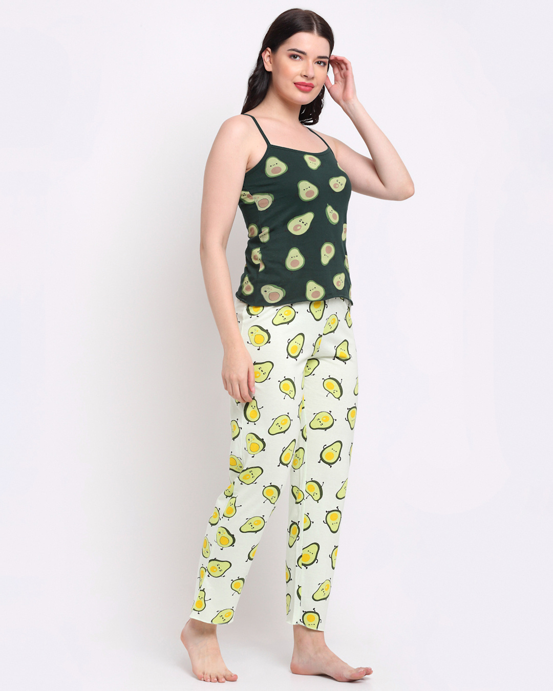 Shop Women's Green & Yellow All Over Avo-Cuddle Printed Cotton Nightsuit-Back