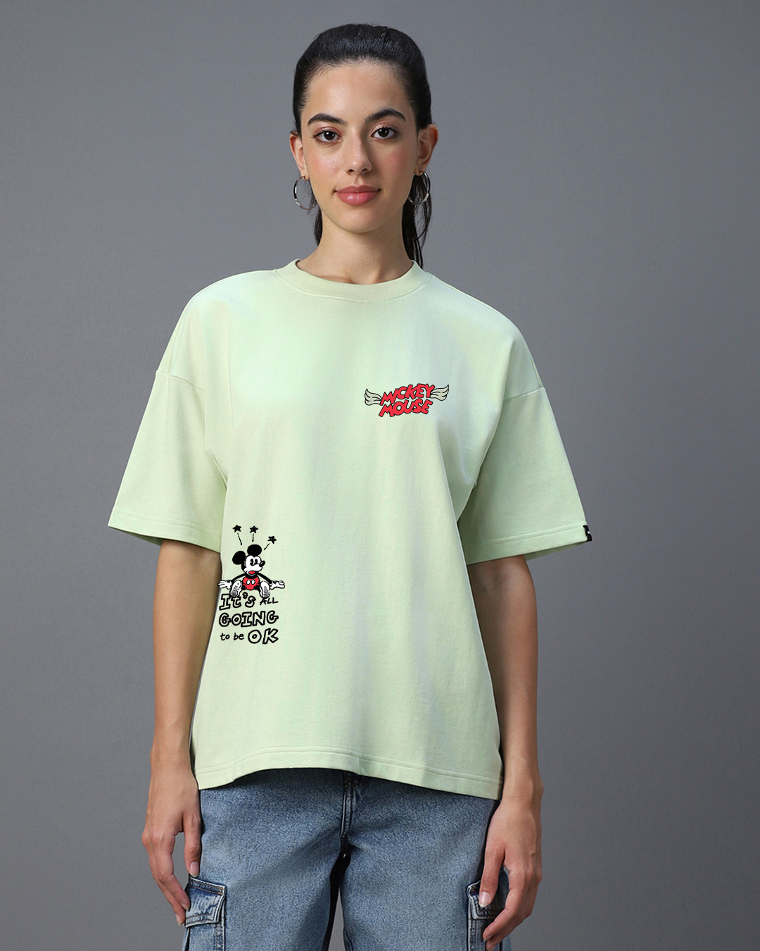 Shop Women's Green Yikes Mickey Graphic Printed Oversized T-shirt-Back