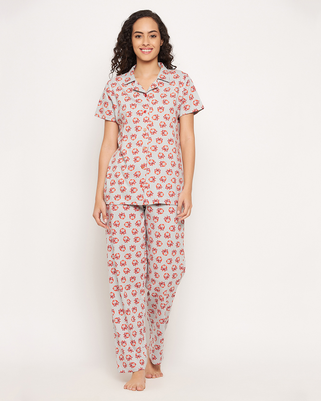 Buy Women's Grey All Over Owl Printed Shirt & Pyjama Set Online in ...