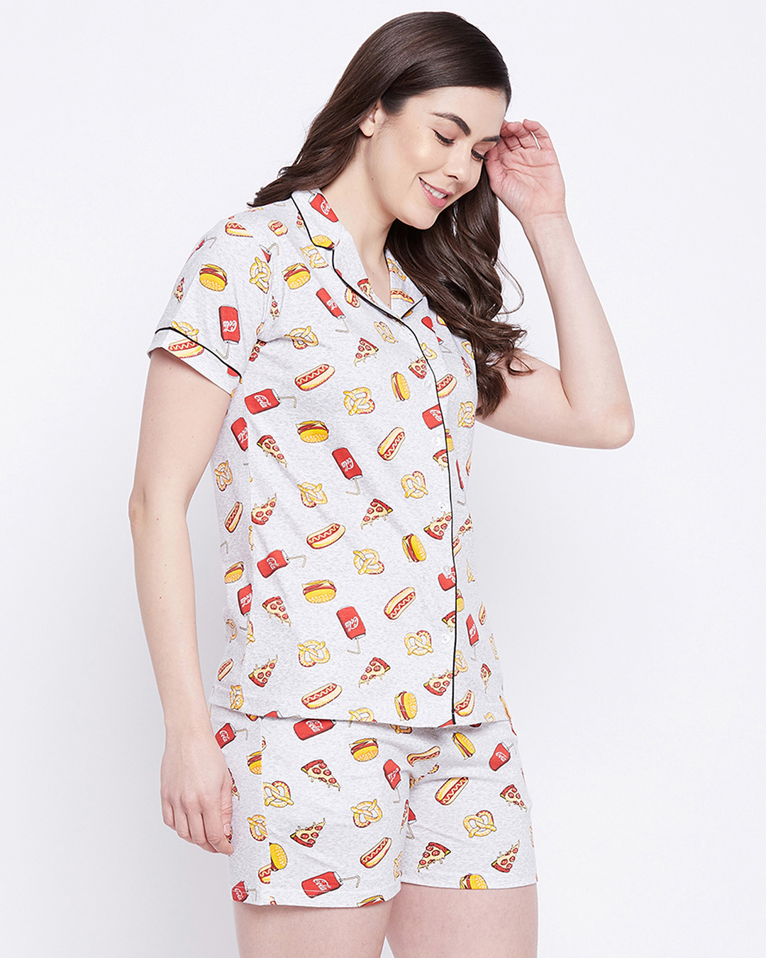 Shop Women's Grey All Over Pizza & Burger Printed Nightsuit-Back