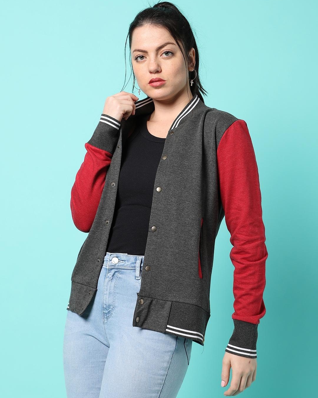 Shop Women's Grey & Red Color Block Varsity Jacket-Back