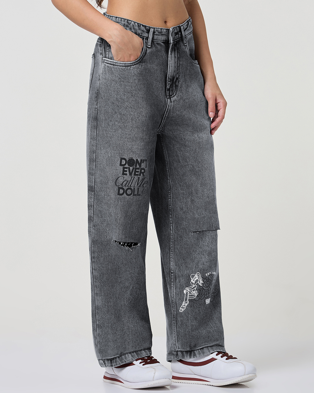 Shop Women's Grey Distressed Washed Straight Fit Jeans-Back