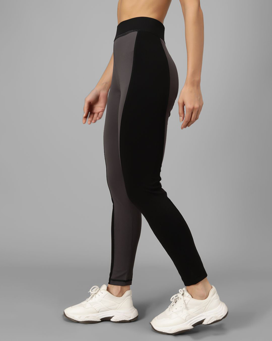 Shop Women's Grey & Black Color Block Skinny Fit Tights-Back