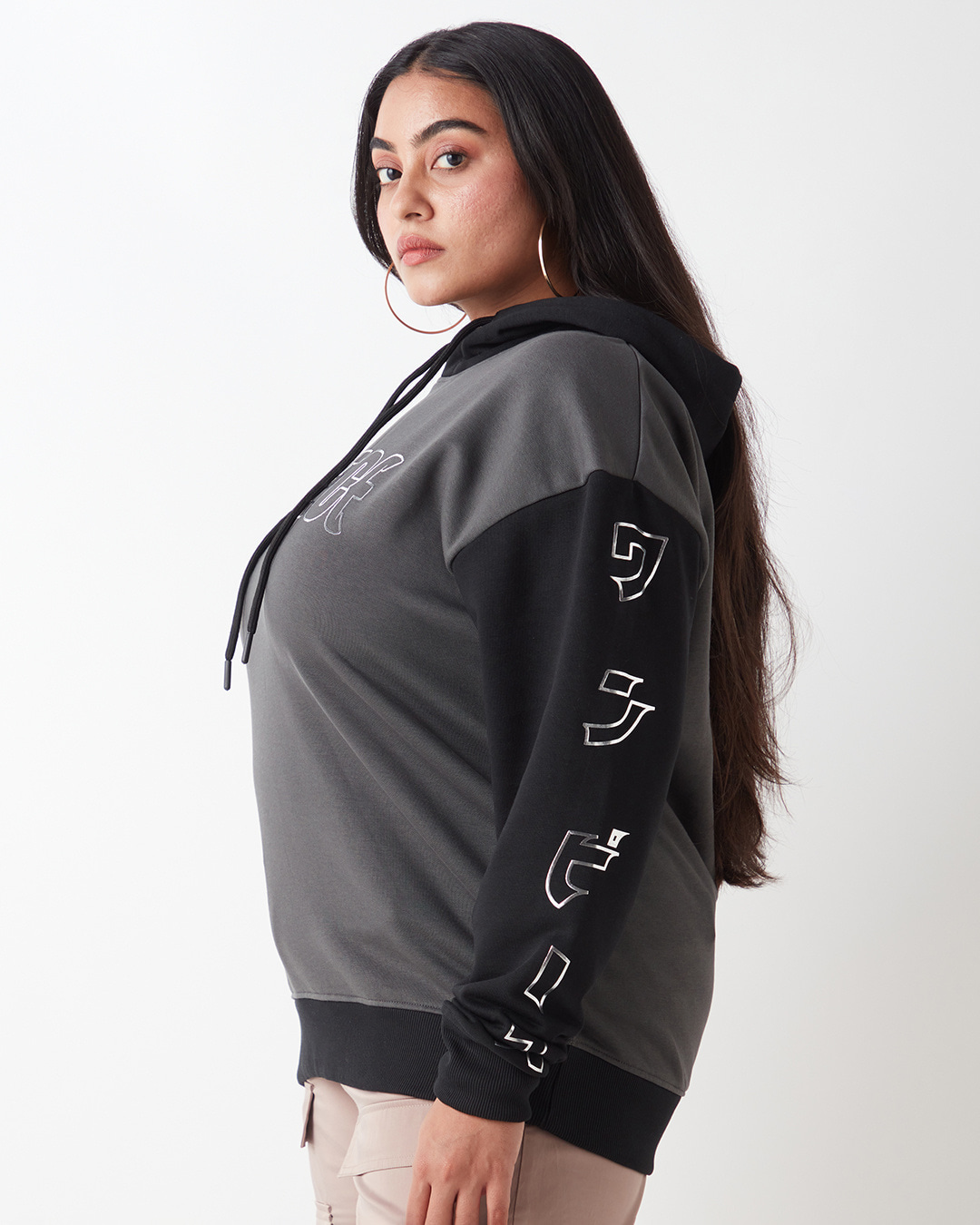 Shop Women's Grey  & Black Graphic Printed Oversized Plus Size Hoodies-Back