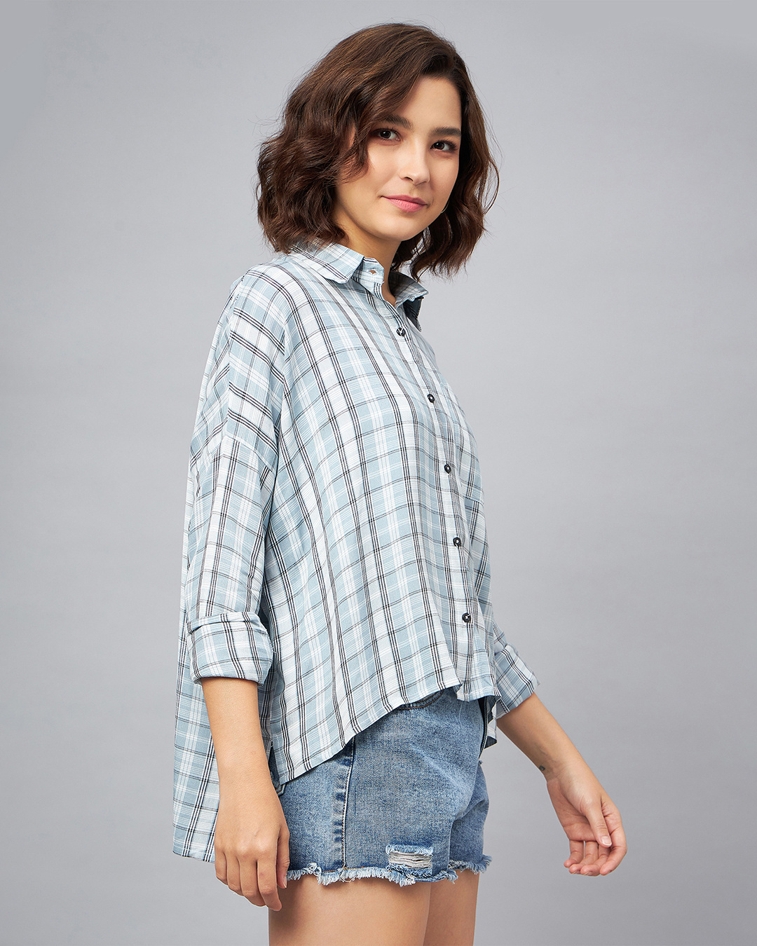 Shop Women's Grey & Blue Checked Loose Fit Shirt-Back