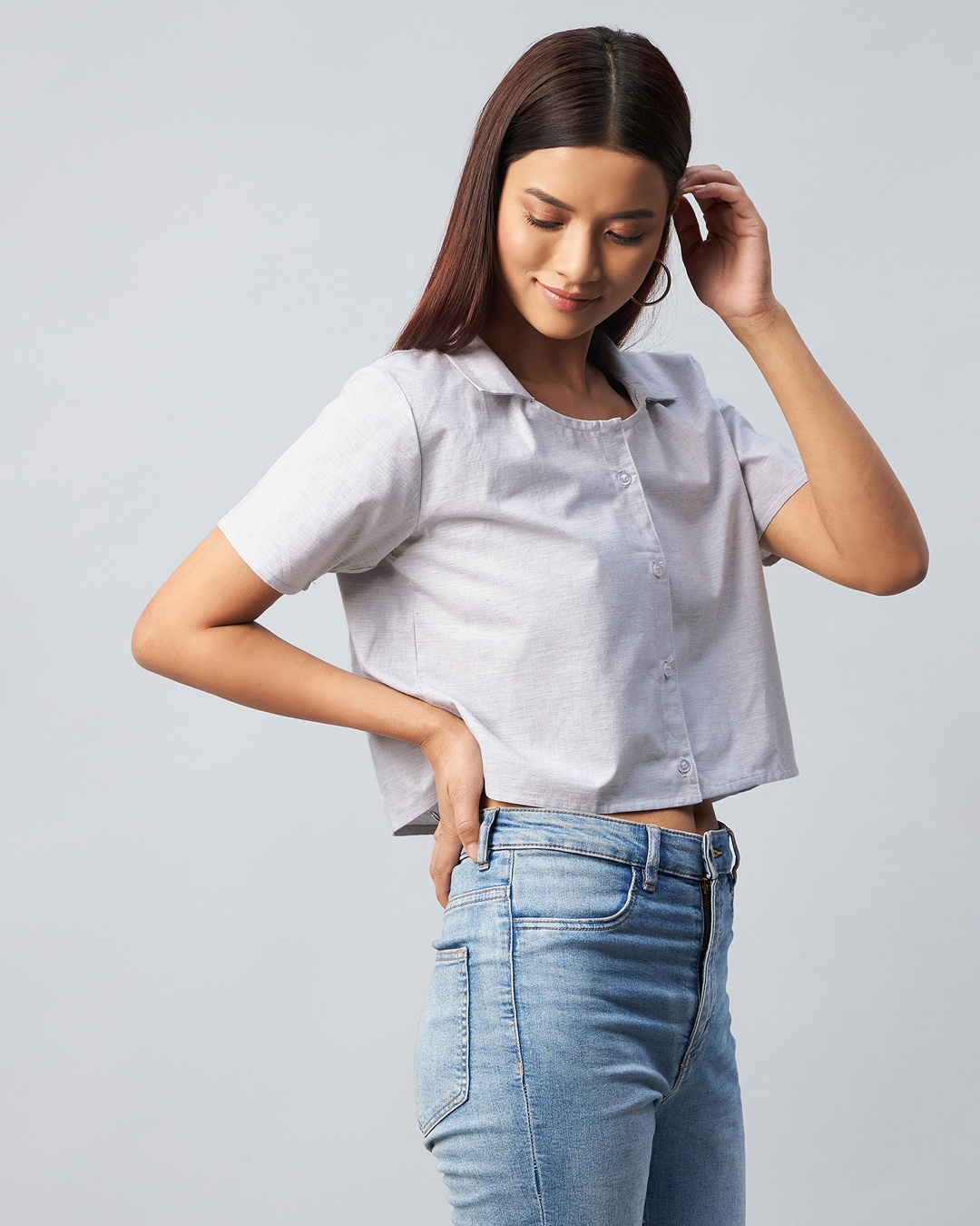 Shop Women's Grey Boxy Fit Crop Shirt-Back