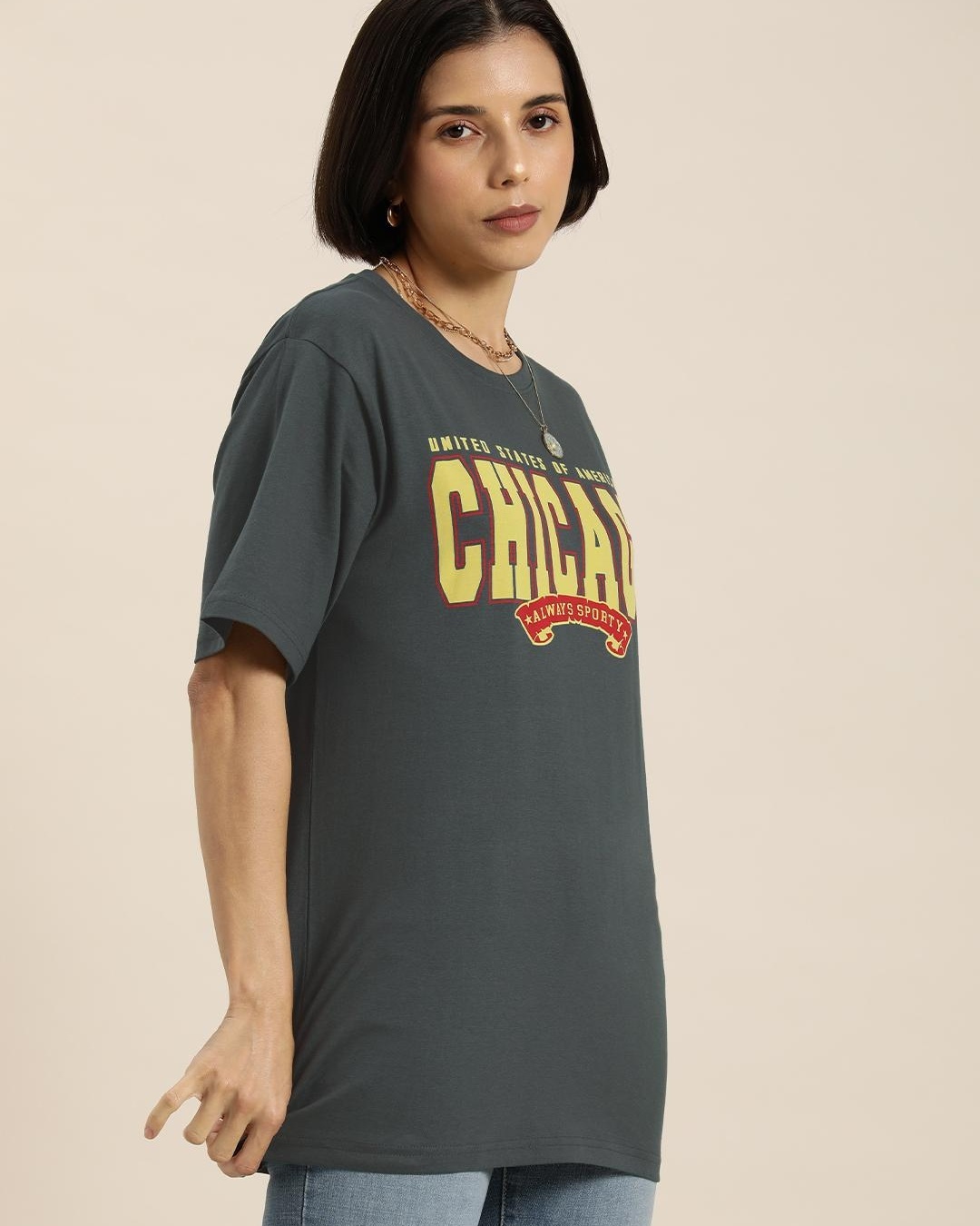 Shop Women's Grey Chicago Typography Oversized T-shirt-Back