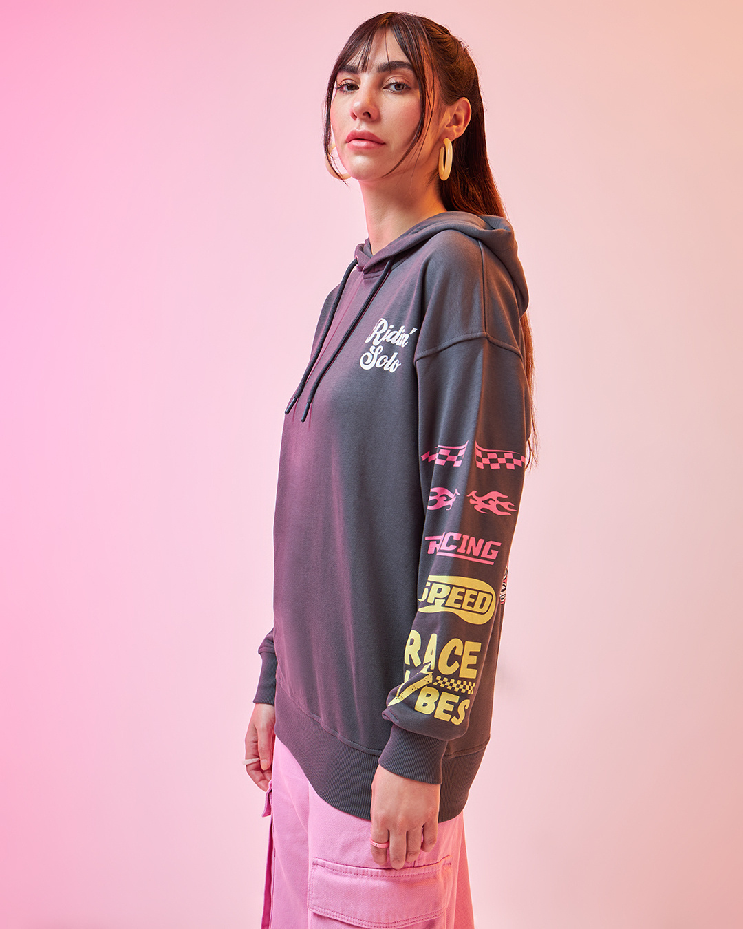 Shop Women's Grey Graphic Printed Oversized Hoodies-Back