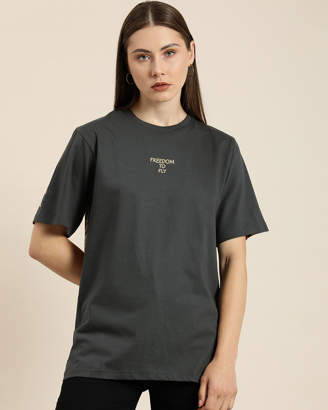 Shop Women's Grey Graphic Printed Oversized T-shirt-Back
