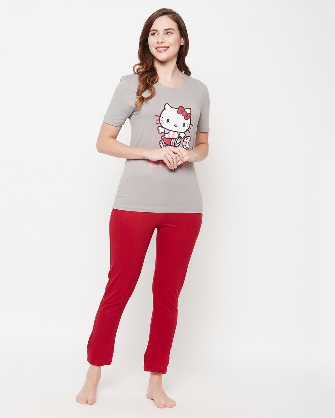 Buy Women's Grey Hello Kitty Graphic Printed Tshirt & Pyjama Set