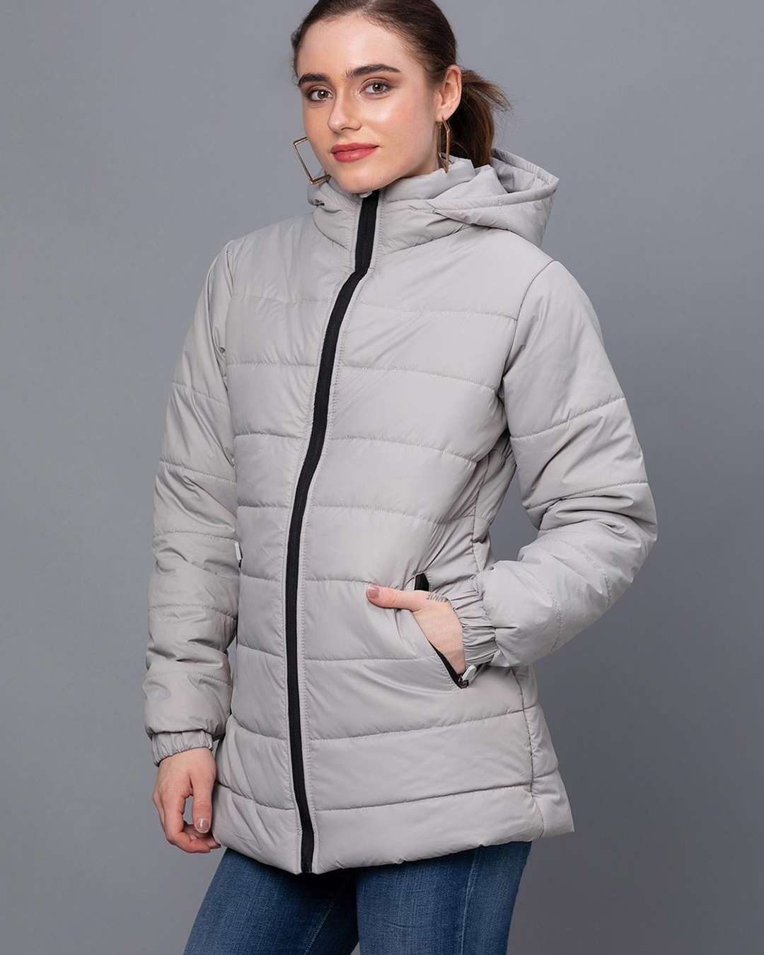 Shop Women's Grey Hooded Puffer Jacket-Back