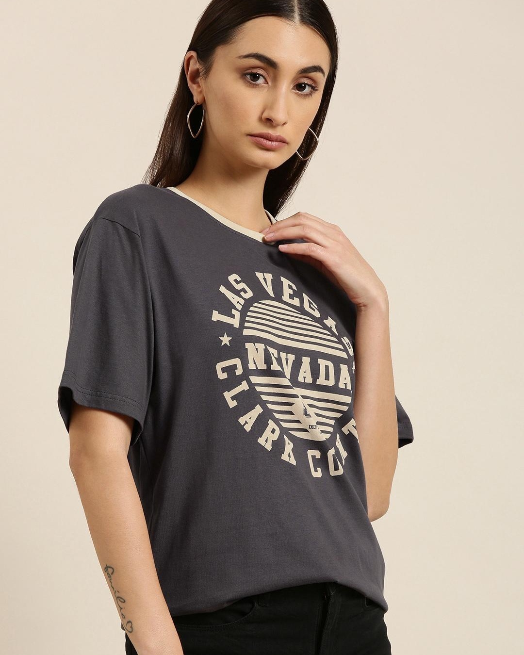Shop Women's Grey Las Vegas Typography Oversized T-shirt-Back
