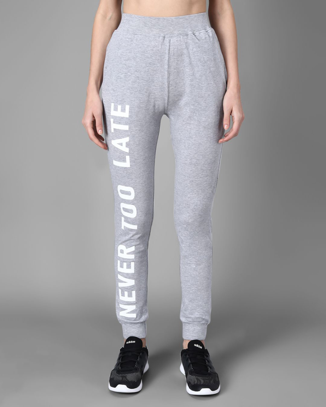 Buy Women S Grey Never Too Late Typography Skinny Fit Joggers For Women Grey Online At Bewakoof