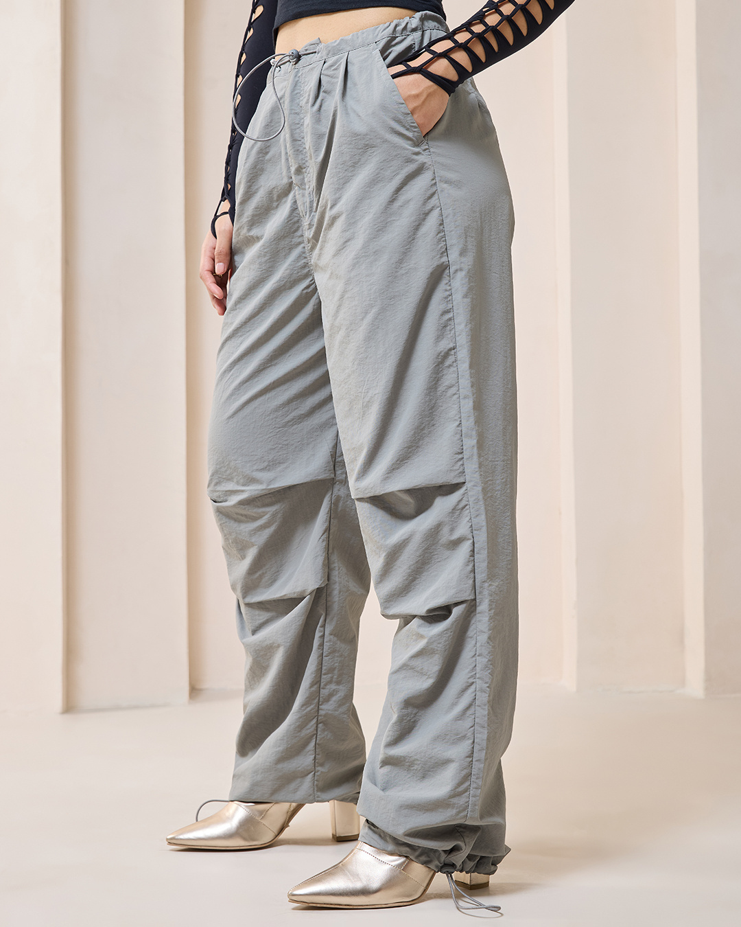 Shop Women's Grey Oversized Parachute Pants-Back