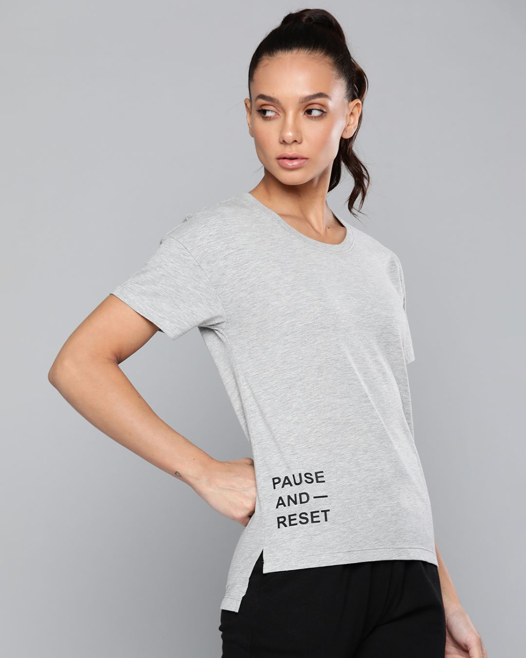 Shop Women's Grey Pause and Reset Typography Slim Fit T-shirt-Back
