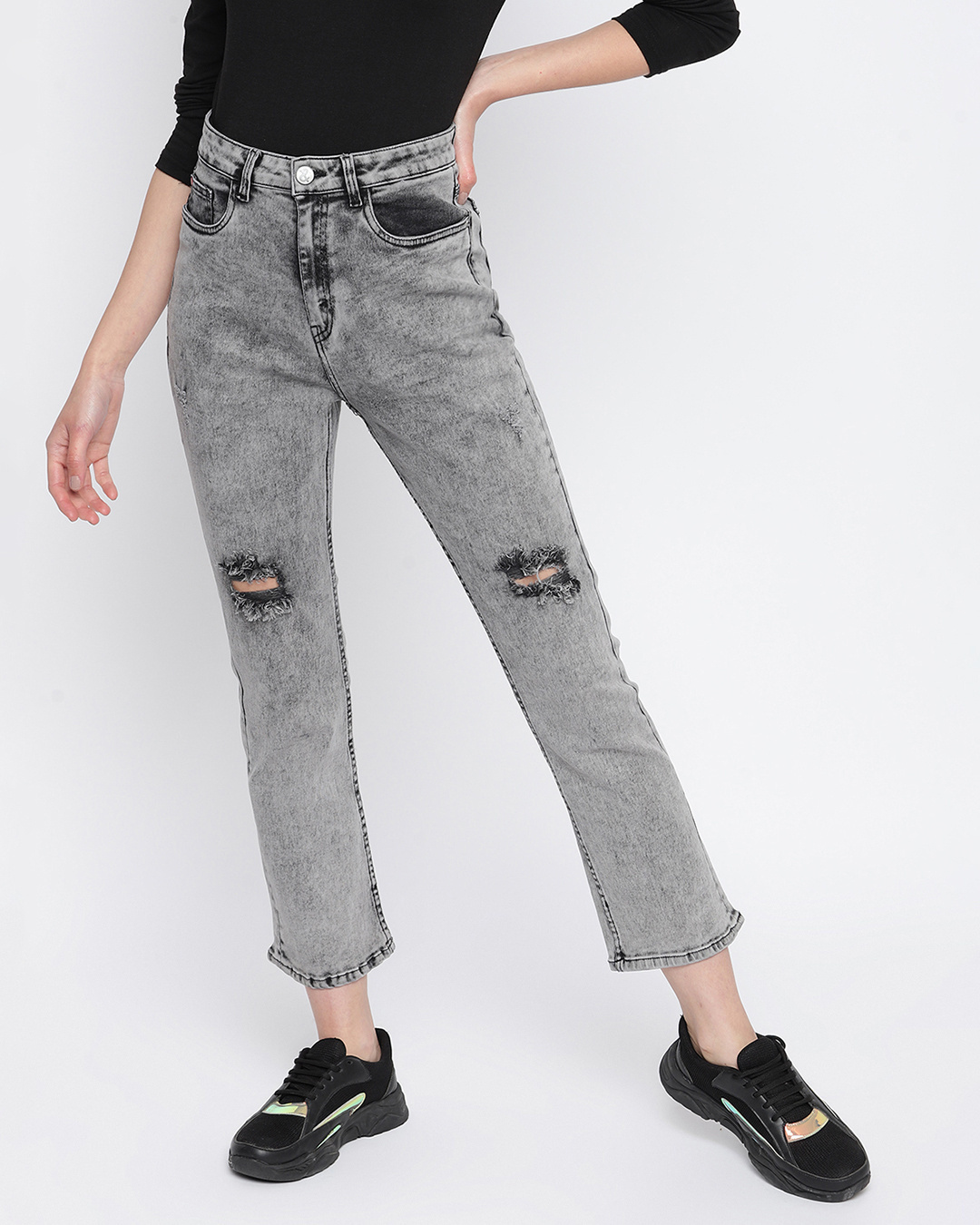 Buy Women's Grey Ripped Bootcut Jeans for Women Grey Online at Bewakoof