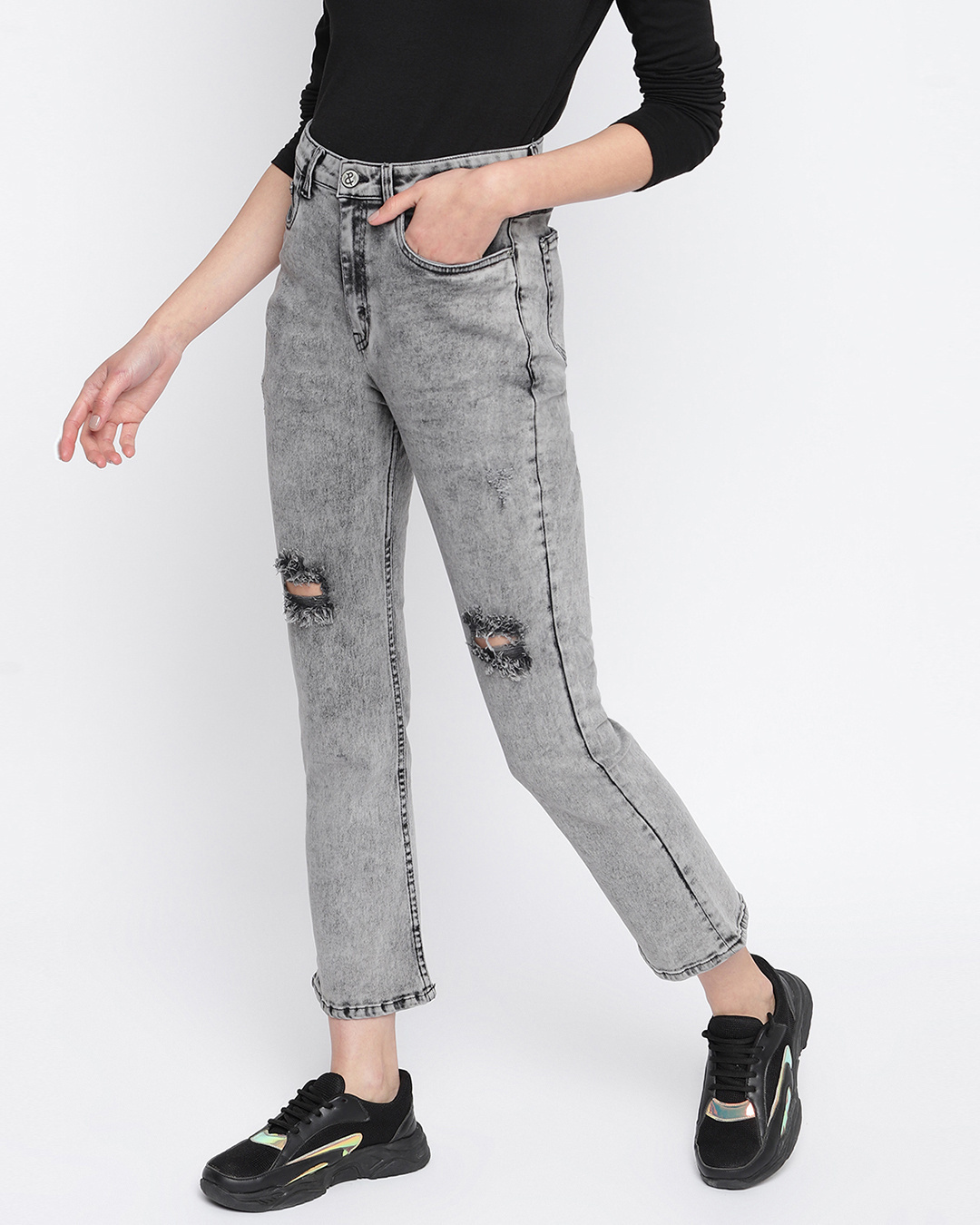 Buy Women's Grey Ripped Bootcut Jeans for Women Grey Online at Bewakoof