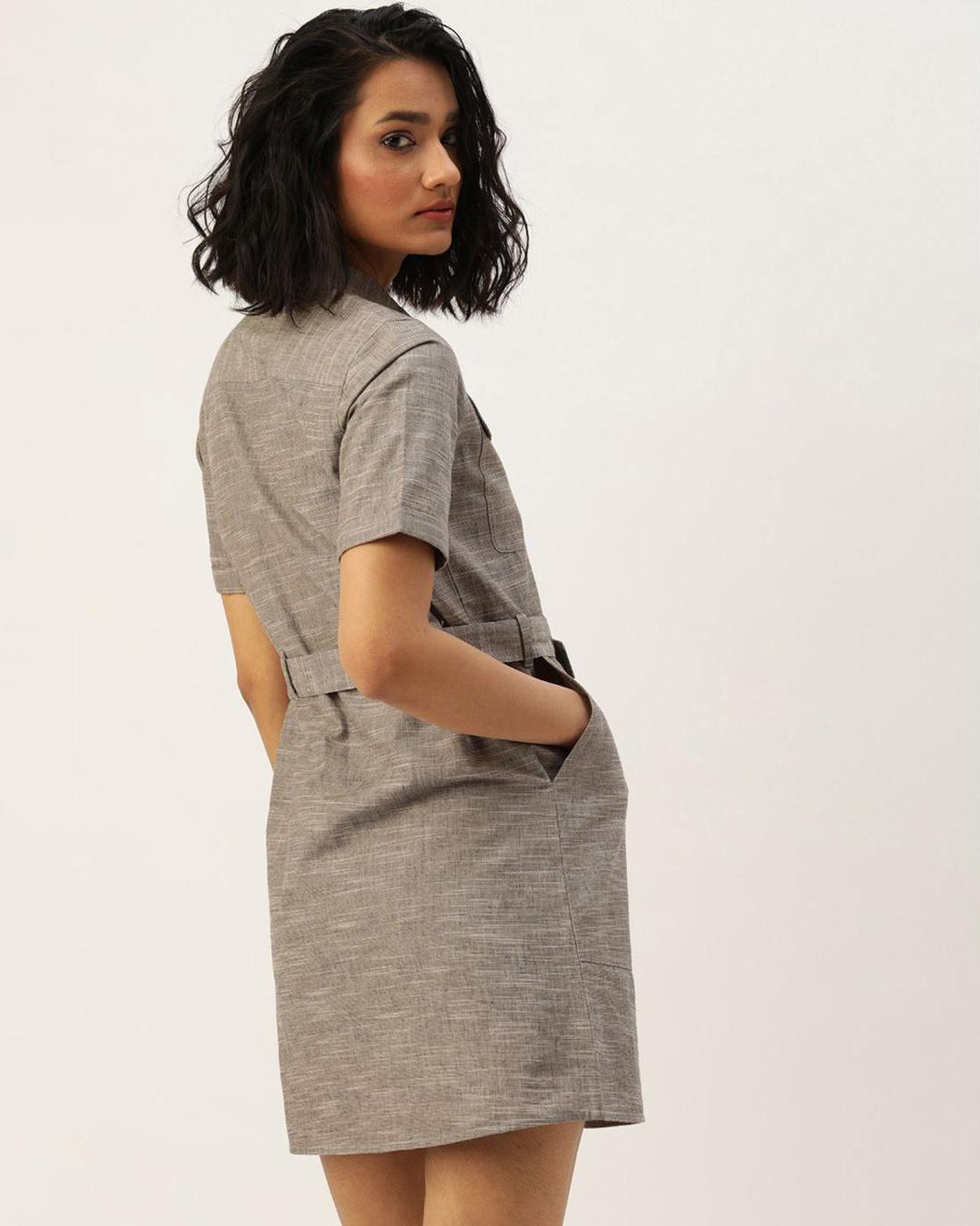Shop Women's Grey Self Design Cotton Dress-Back