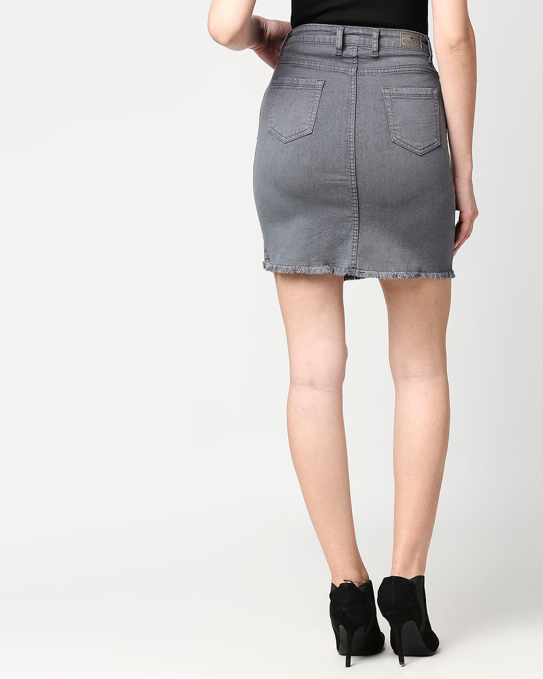 Shop Women's Grey Solid Denim Skirt-Back