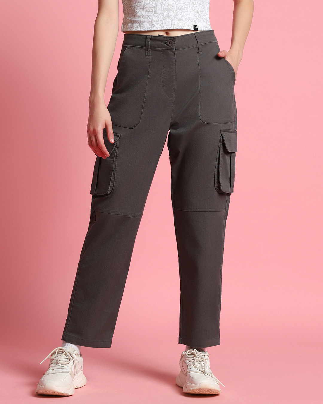 Shop Women's Grey Straight Cargo Pants-Back