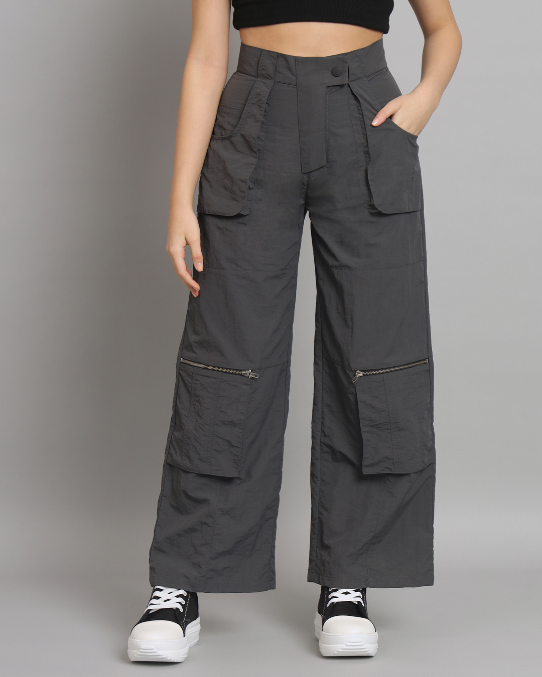 Shop Women's Grey Tapered Fit Cargo Pants-Back