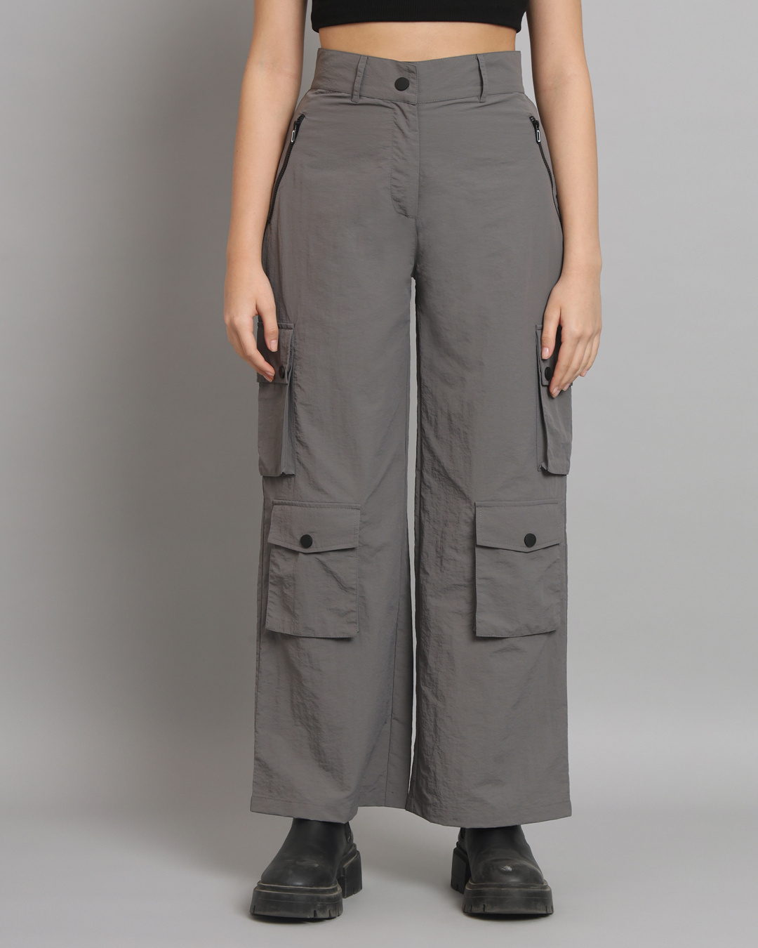 Shop Women's Grey Tapered Fit Cargo Pants-Back