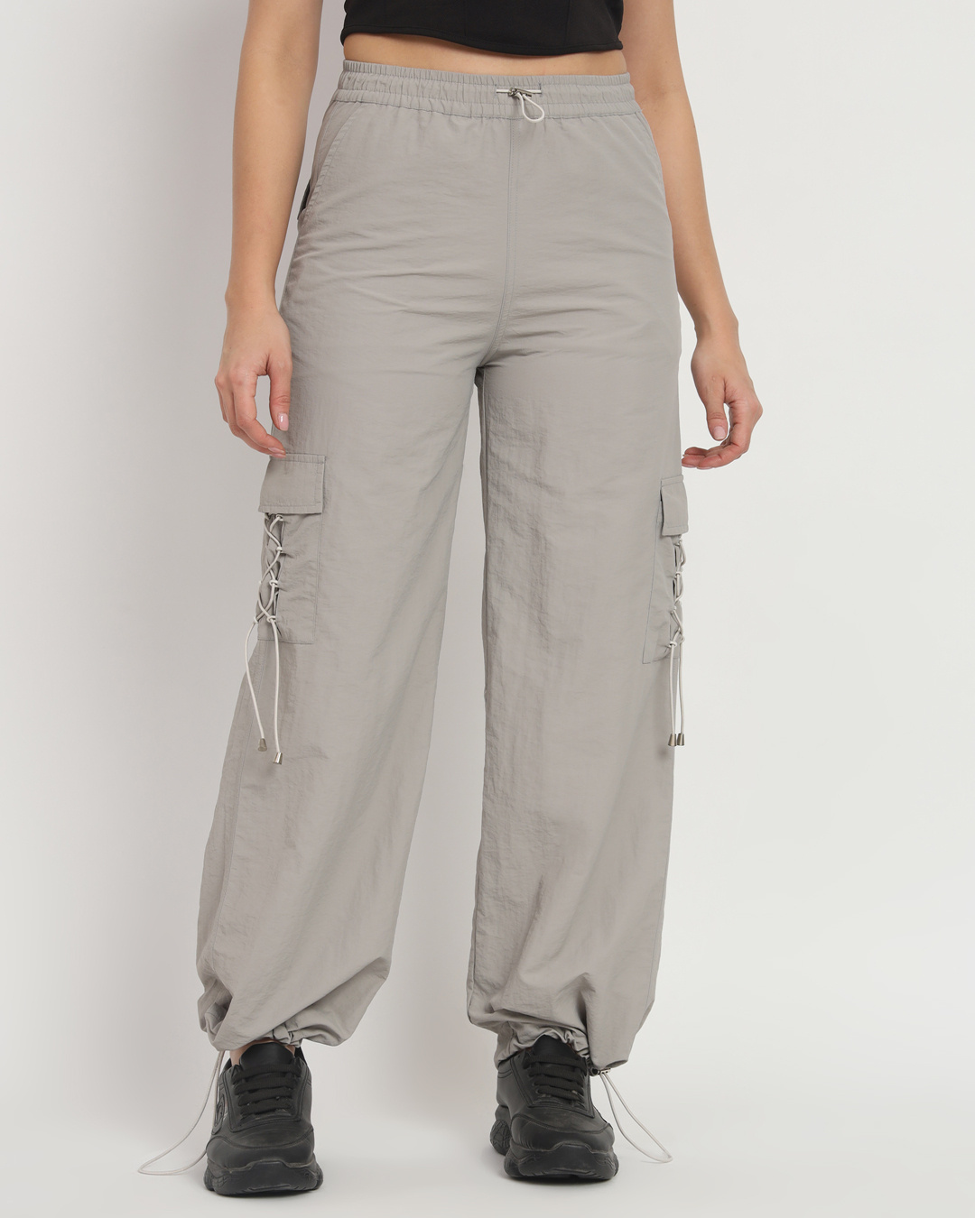 Buy Women's Grey Tapered Fit Cargo Parachute Pants Online at Bewakoof