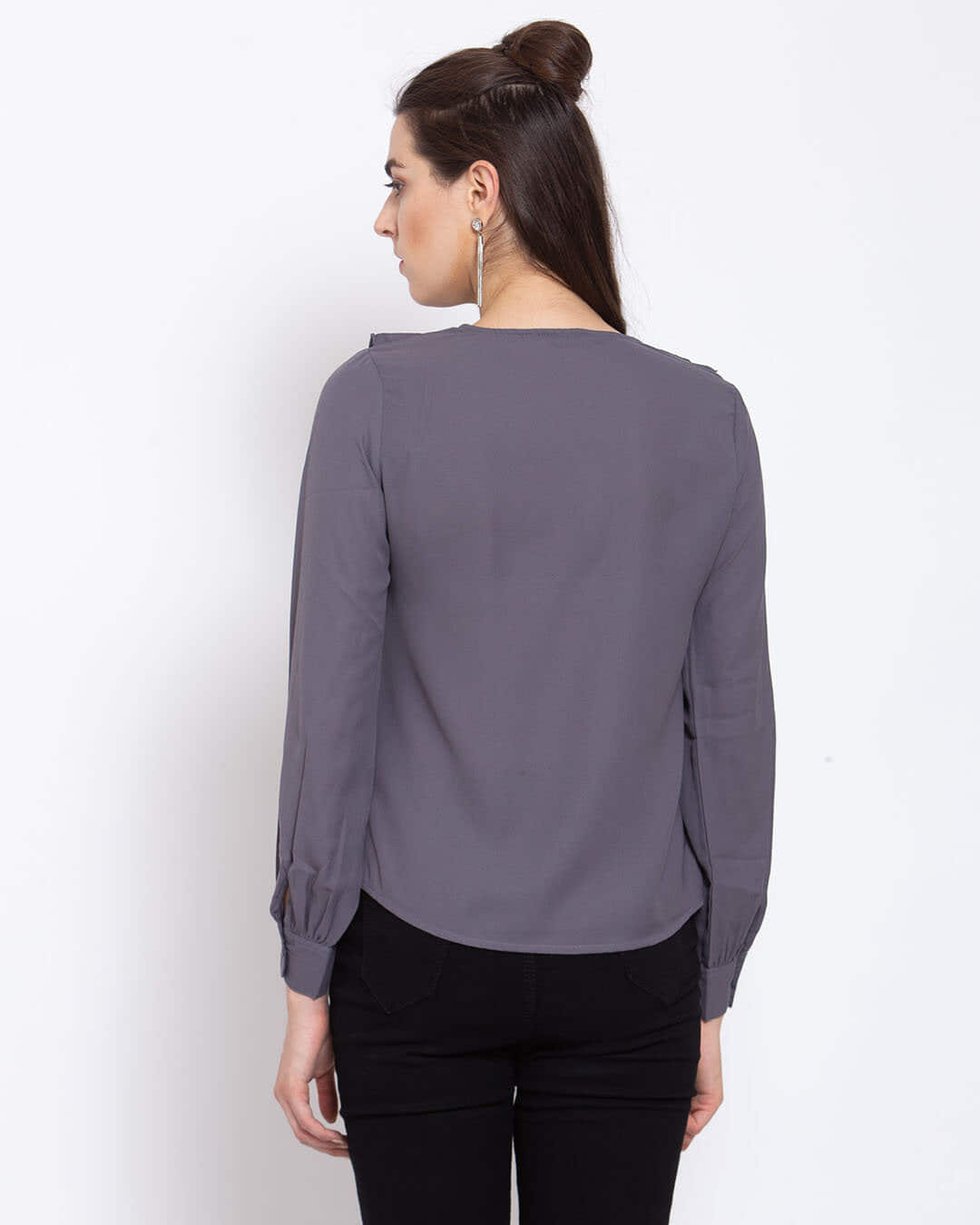 Shop Women's Grey Tie Up Neck Crepe Regular Top-Back