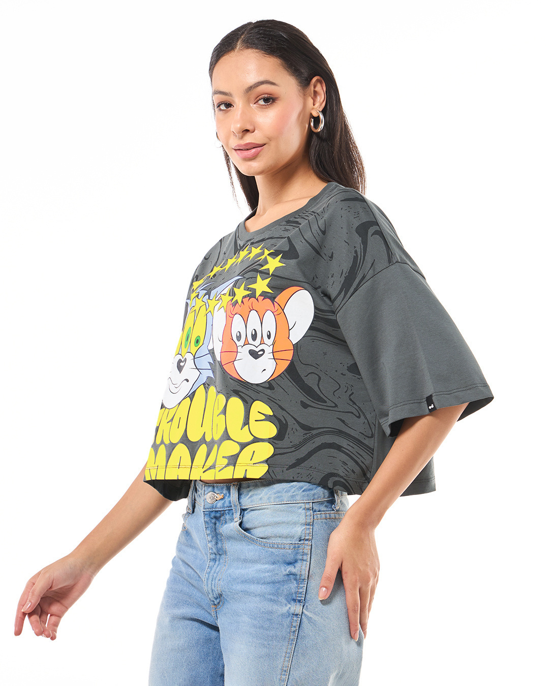 Shop Women's Grey Trouble Maker Graphic Printed Oversized Short Top-Back