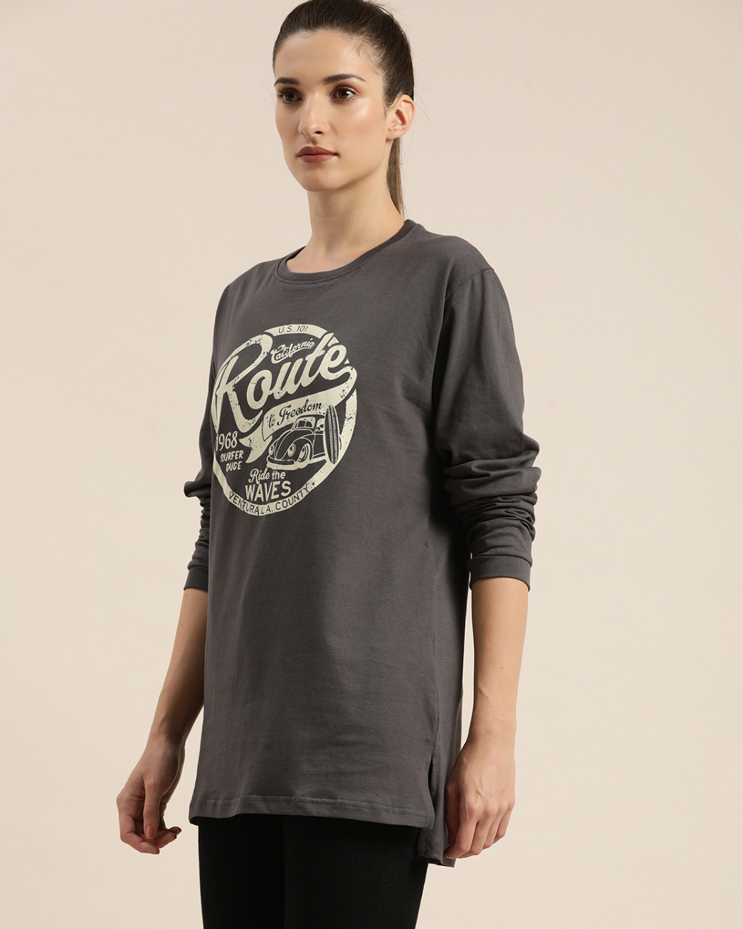 Women's Grey Typography Printed Round Neck Cotton Slim Fit T-Shirt