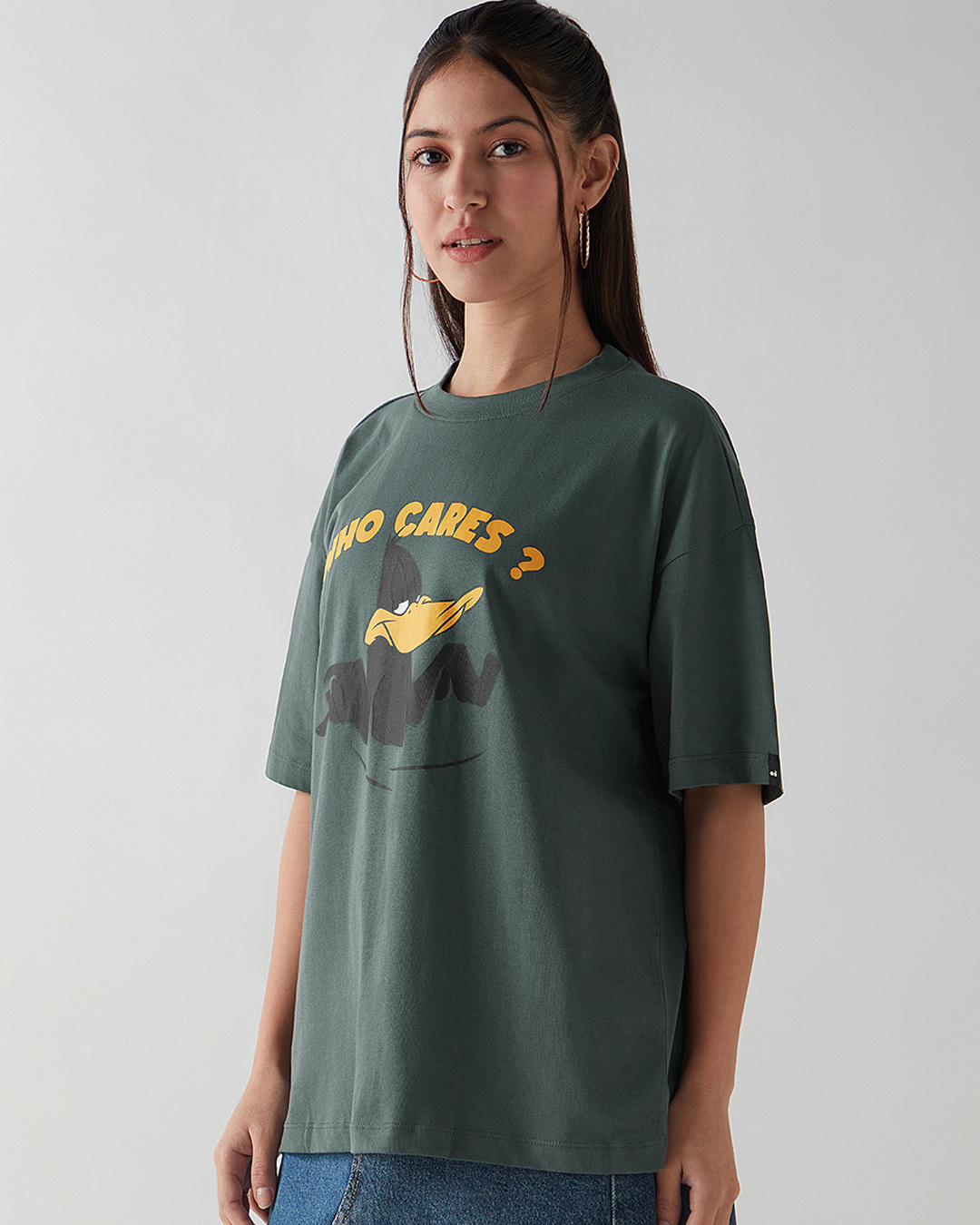 Shop Women's Grey Who Cares Graphic Printed Oversized T-shirt-Back