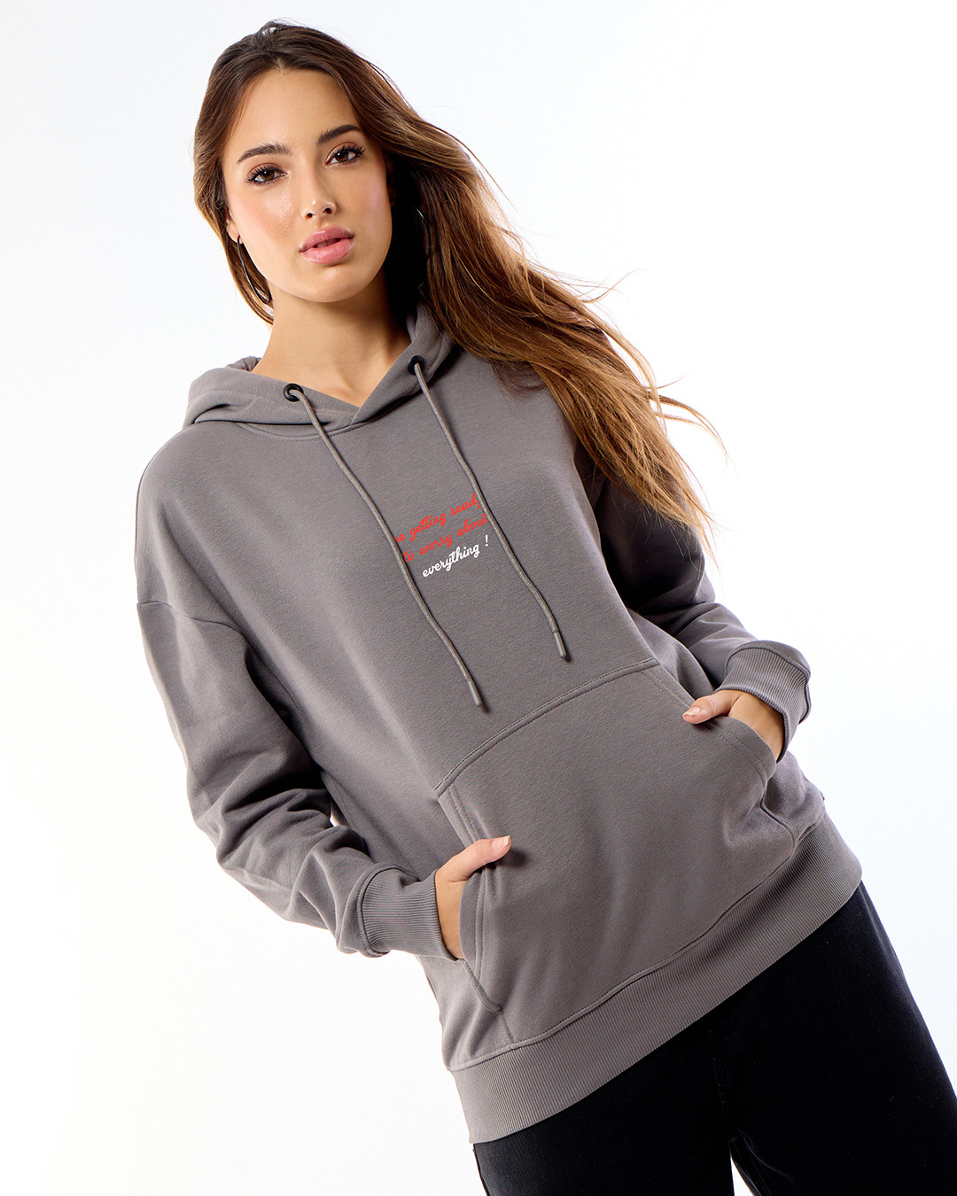 Shop Women's  Grey Worry Ready Graphic Printed Oversized Hoodies-Back