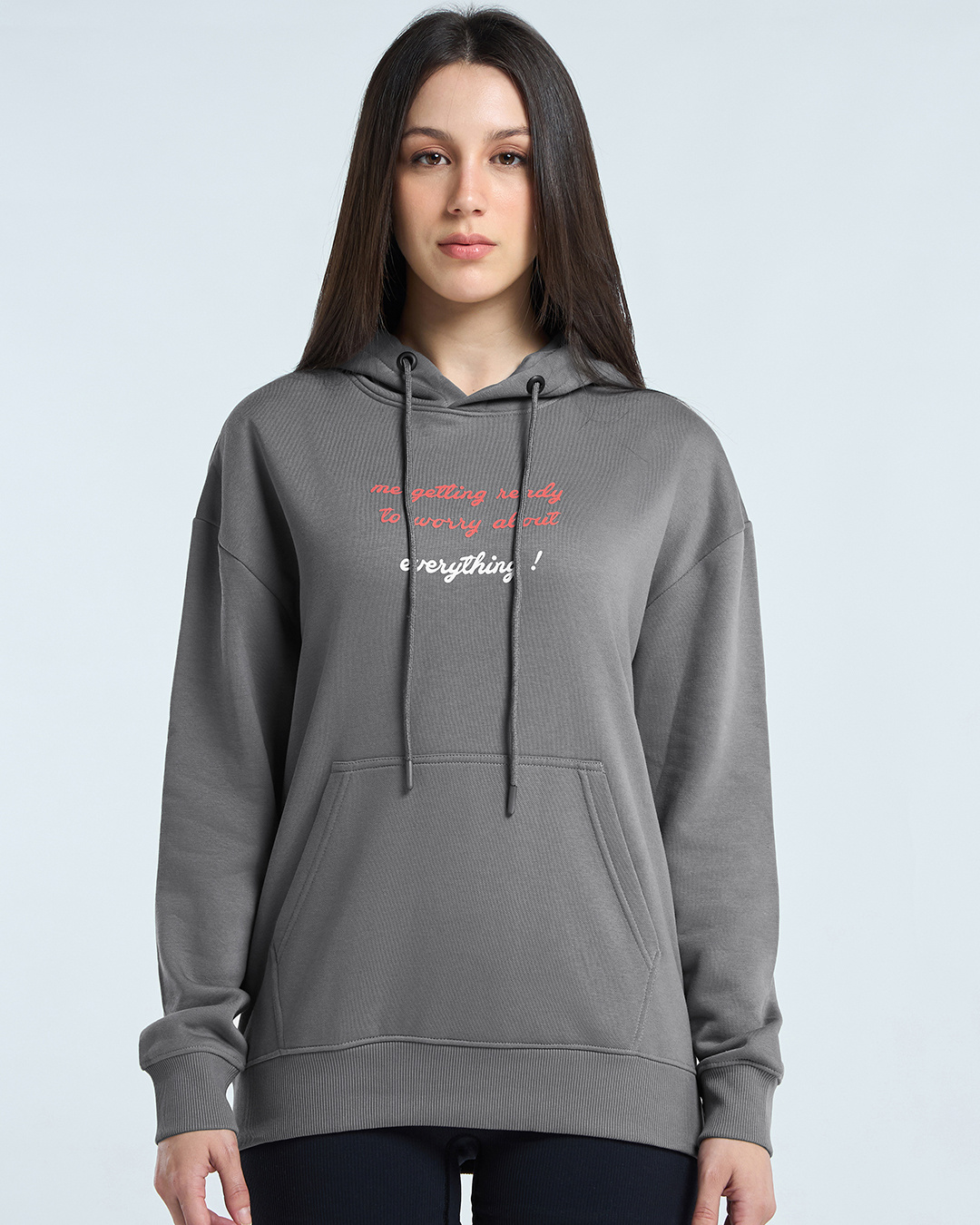 Shop Women's  Grey Worry Ready Graphic Printed Oversized Hoodies-Back