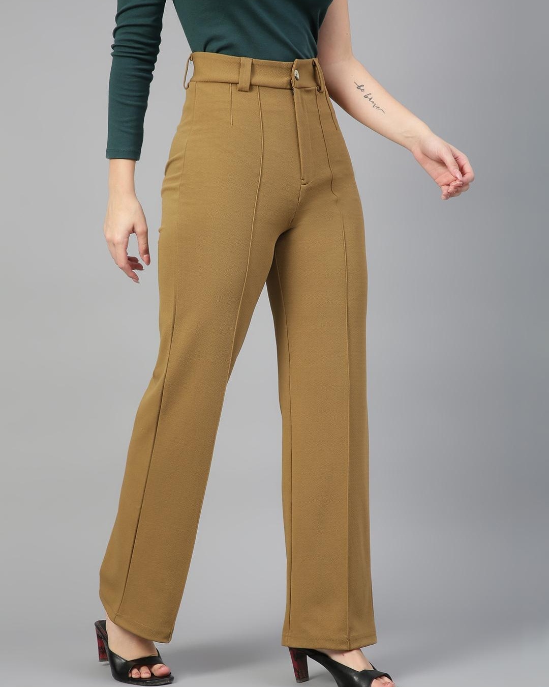 Shop Women's Honey Brown Straight Fit Trousers-Back