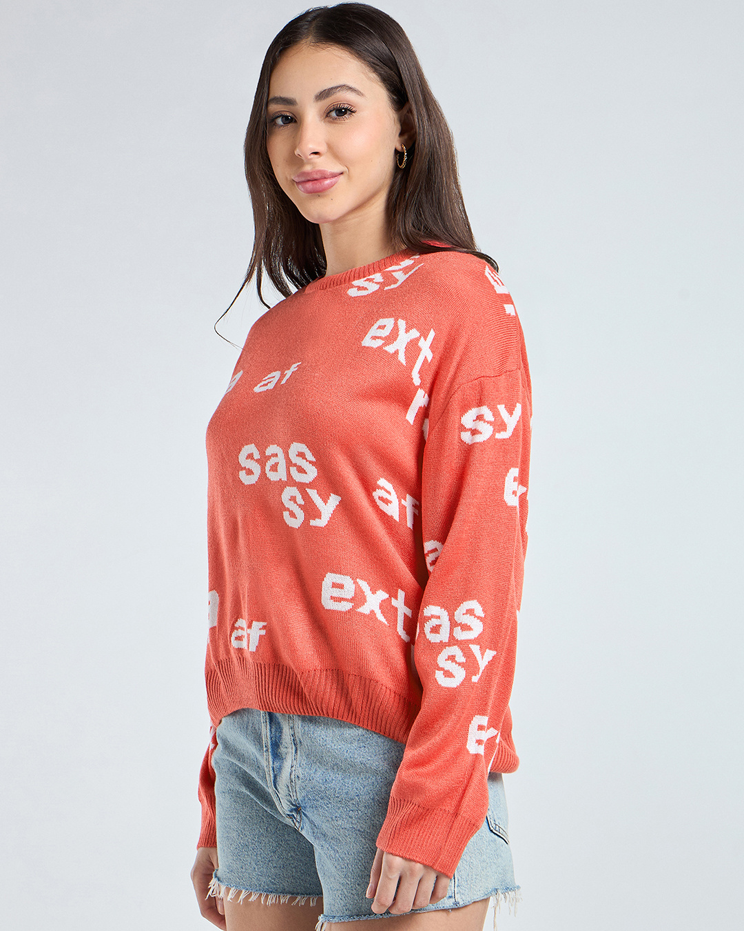 Shop Women's Hot Coral Pink All Over Printed Oversized Sweater-Back