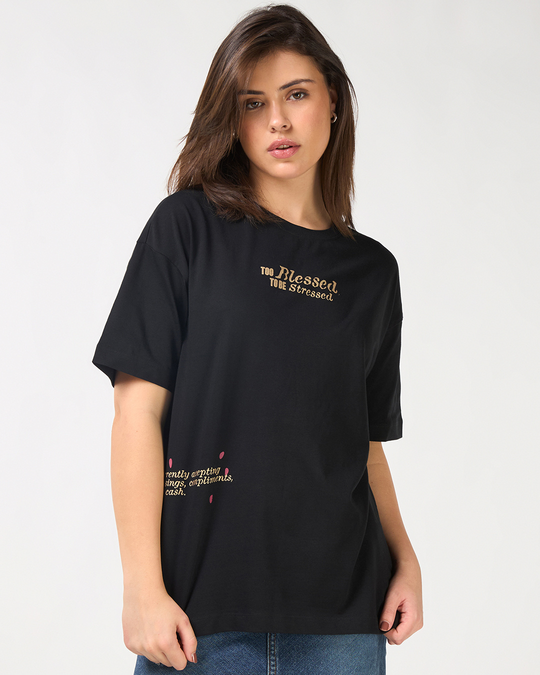 Shop Women's Jet Black Blessed Graphic Printed Oversized T-shirt-Back