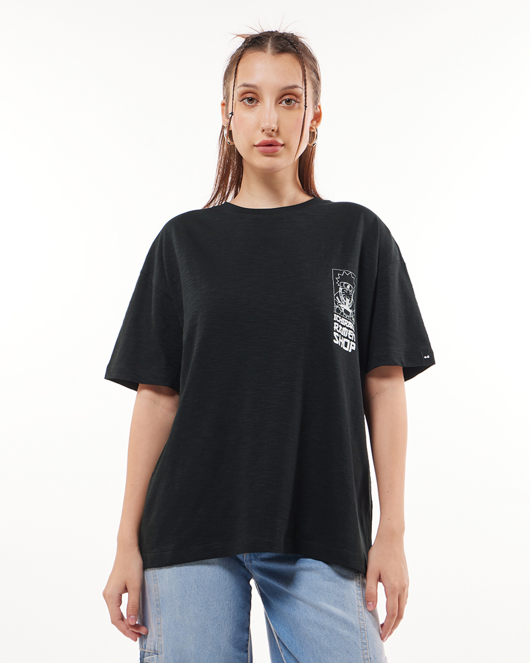 Shop Women's Black Ichiraku Ramen Shop Graphic Printed Oversized T-shirt-Back